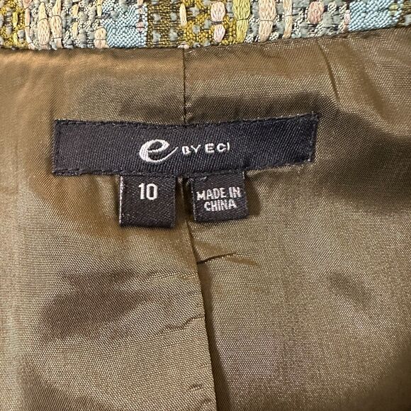 ECI Tweed Bucle Green Blue Cropped Blazer jacket Women's Size 10 - Picture 7 of 7